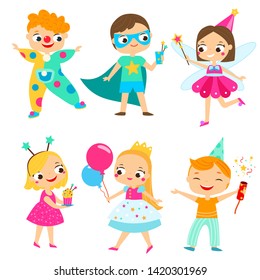 Party kids. Children in costumes having fun. Cartoon boys and girls for Birthday, celebration and holidays design - Powered by Shutterstock