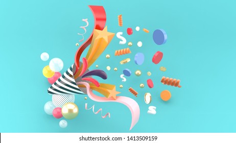 Party popper amidst the like buttons, coins, stars, ribbons among colorful balls on a blue background.-3d rendering.
 - Powered by Shutterstock