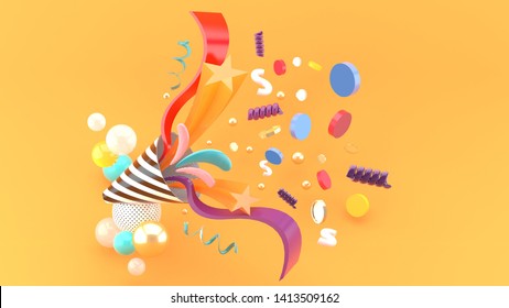 Party popper amidst the like buttons, coins, stars, ribbons among colorful balls on an orange background.-3d rendering.
 - Powered by Shutterstock