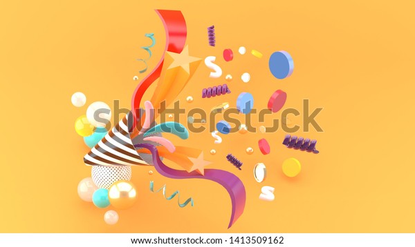 Party popper amidst the like buttons, coins,\
stars, ribbons among colorful balls on an orange background.-3d\
rendering.\
