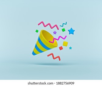 Party Popper With Colorful Confetti Isolated. Cartoon Style Birthday Celebration Symbol. 3d Rendering