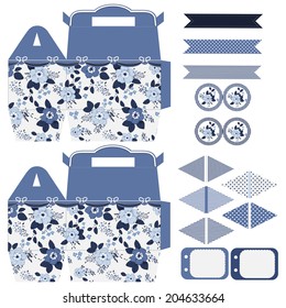 Party set. Gift box template.  Abstract floral shabby chic pattern, classic country roses. Empty labels and cupcake toppers and food tags. 