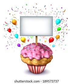 Party Sign Concept As A Frosted Dessert Cupcake With A Blank Card As A Symbol Of Celebration For A Birthday Anniversary Or Bake Sale Advertisement With Balloons And Confetti Celebrating A Fun Event.