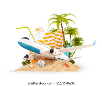 Passenger airplane and tropical palm on a paradise island. Unusual travel 3d illustration isolated on white. Summer vacation and air travel concept - Powered by Shutterstock