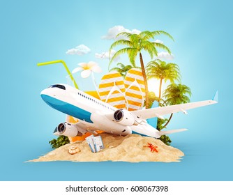 Passenger airplane and tropical palm on a paradise island. Unusual travel 3d illustration. Summer vacation and air travel concept - Powered by Shutterstock