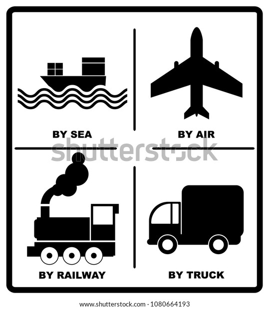 Passenger and cargo\
transportation by sea, railways, aircraft, trucks-  illustration.\
Cargo shipping banner for box.  illustration. Black silhouette\
isolated on\
white