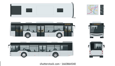 Passenger City Bus For Branding Identity And Advertising Design On Transport. Blank City Bus Side View, Front, Rear And From Above. Blank City Bus Template Isolated On White Background.