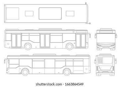 Passenger Outline City Bus For Branding Identity And Advertising Design On Transport. Blank City Bus Side View, Front, Rear And From Above. Blank City Bus Template Isolated On White Background.