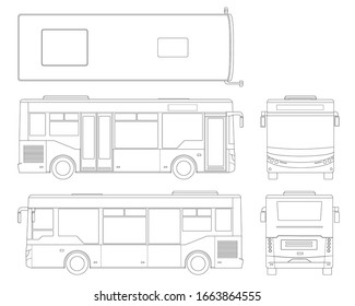 Passenger Outline City Bus For Branding Identity And Advertising Design On Transport. Blank City Bus Side View, Front, Rear And From Above. Blank City Bus Template Isolated On White Background.