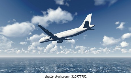 Passenger plane flying through the cloudy sky above the ocean. Realistic 3D illustration was done from my own 3D rendering file.