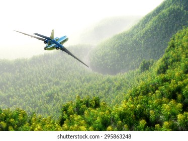 Passenger plane over a forest.