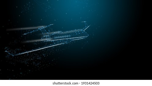Passengers commercial airplane flying Abstract plane shark form lines and triangles, point connecting network on black background. 3d rendering