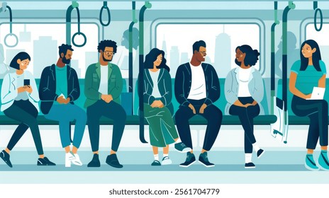 Passengers using smartphones and laptops, commuting to work by train