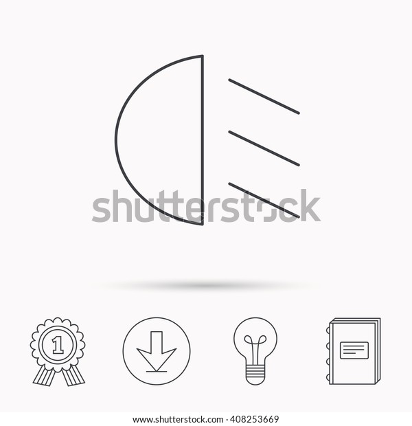 Passing light icon. Dipped beam sign.\
Download arrow, lamp, learn book and award medal\
icons.