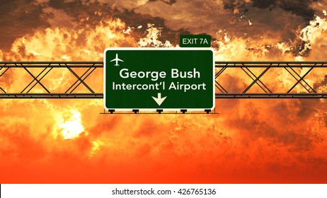 Passing under Houston George Bush USA Airport Highway Sign in a Beautiful Cloudy Sunset 3D Illustration