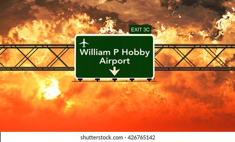 Passing Under Houston William P Hobby USA Airport Highway Sign In A Beautiful Cloudy Sunset 3D Illustration