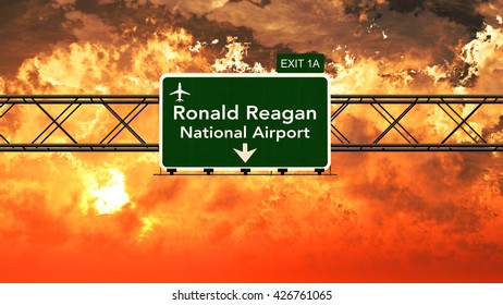 Passing Under Washington Ronald Reagan USA Airport Highway Sign In A Beautiful Cloudy Sunset 3D Illustration