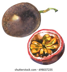 Passion Fruit, Passionfruit, Maraquia, Whole And Half, Slice, Isolated, Watercolor Illustration On White