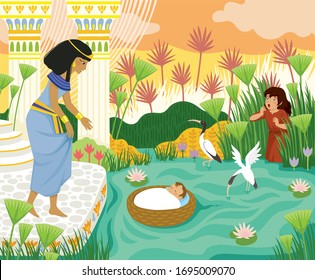 Passover Biblical Story Of Baby Moses In The Basket Floating On The Nile Towards Pharaohs Daughter With His Sister Miriam Watching Behind The Papyrus.