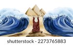 Passover Haggadah story with Moses separating Red sea watercolor Exodus illustration. Jewish Bible story with pyramids