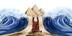Passover Haggadah Story With Moses Separating Red Sea Watercolor Exodus Illustration. Jewish Bible Story With Pyramids