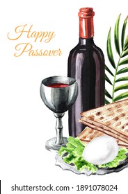Passover seder traditional meal. Concept of jewish religious holiday Pesach card. Watercolor hand drawn illustration, isolated on white background