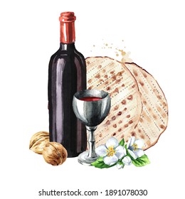 Passover seder traditional meal, Concept of jewish religious holiday Pesach. Watercolor hand drawn illustration, isolated on white background