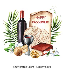 Passover Seder Traditional Meal, Pesach Card,  Concept Of Jewish Religious Holiday. Watercolor Hand Drawn Illustration, Isolated On White Background