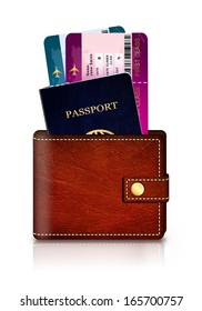 Passport And Fly Tickets In Wallet Isolated Over White Background