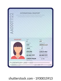 Passport. Sample Data Personal Page, Female International Passport With Photo. Identity Biometric Control Document, Template