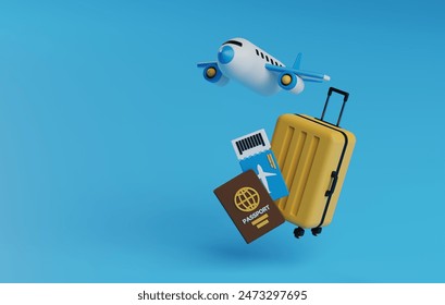 Passport, suitcase, and airplane icon. Ideal for travel-themed designs, tourism promotions, and vacation advertisements. 3D render illustration - Powered by Shutterstock