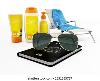 Passport, Sunglasses, Sunbed, Sun Cream And Towel 3D Illustration