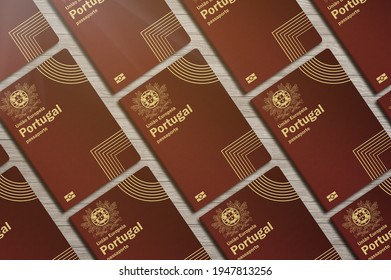Passports of the European  union of Portugal, top view, on a wooden table ,Horizontal arrangement
