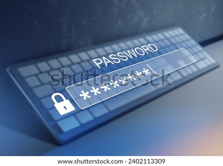 Password input form. Computer keyboard. Need for authorization in web service. Keyboard for entering password. Secure login code. Password to gain access. Cyber security. 3d image