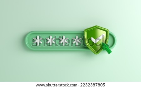 Password secure login access with shield check mark, 3d rendering illustration