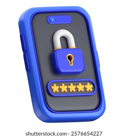 Password Security 3D Render features a smartphone with a padlock symbol on the screen, accompanied by a masked password input field