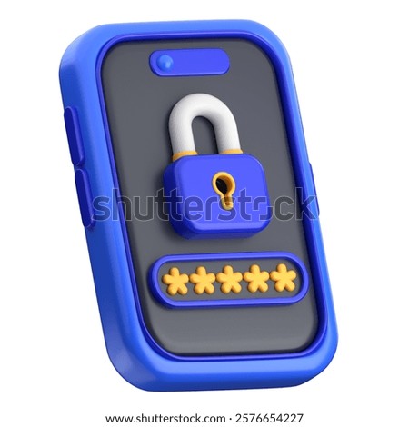 Password Security 3D Render features a smartphone with a padlock symbol on the screen, accompanied by a masked password input field