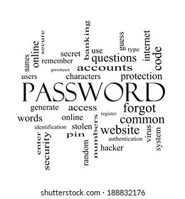 Password Word Cloud Concept in black and white with great terms such as access, register, characters and more.