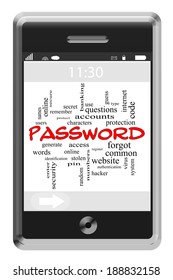 Password Word Cloud Concept on a Touchscreen Phone with great terms such as remember, access, accounts and more.