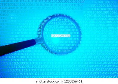 Passwords and binary numbers, investigate and search. Magnifying glass and hacker, password search. Digital archive. 3d rendering