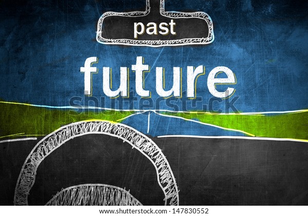 Past and future concept inside car, chalk\
sketch on\
blackboard