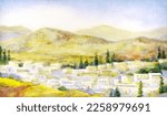 Past Jericho valley land stone rock fortress road jew country sky scene in vintage art graphic picture style. Holy antique travel saudi place of biblic Jaffa castle fort wall built temple scenic view