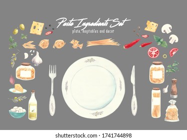 Pasta and Salad Ingredients Set for Menu watercolor handpainted Plate with pasta (farfalle, spagetti, penne) with vegan ingredients (tomato, mushrooms, spicies, cheese) - Powered by Shutterstock