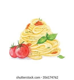 Pasta With Tomato And Basil. Watercolour Food Illustration On White Background. Isolated Image. Perfectly For Menu Card, Flyers, Print Design.