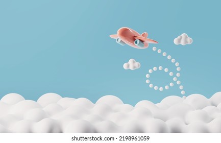  Pastel Airplane Flying On White Cloud Background, Travel Concept, Copy Space 3d Rendering