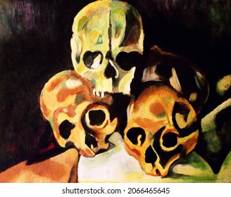 Pastel Artwork Rendition Copy Of Paul Cezanne Skulls