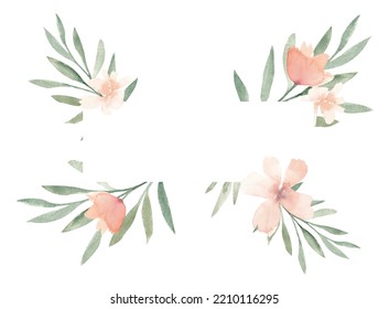 Pastel Beige Exotic Tropical Floral Border In Loose Watercolor Style. Peach Color Flower Frame Isolated On White Background, Banner, Wedding Invitation, Greeting Card, Bridal Shower, Baby Shower