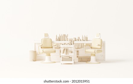 Pastel beige monochrome barber shop modern Minimal . Female hairdresser interior design. Hair salon with equipment,  bundle for  hair care product for styling hair. 3D rendering with copy space. - Powered by Shutterstock