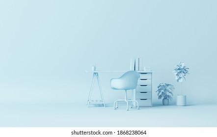 Pastel Blue Monochrome Minimal Office Table Desk. Minimal Idea Concept For Study Desk And Workspace. Mockup Template, 3d Rendering

