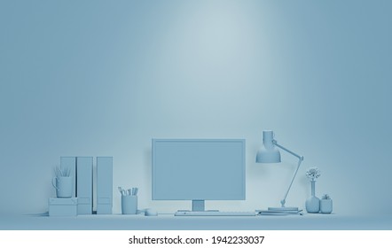 Pastel Blue Monochrome Minimal Office Table Desk. Minimal Idea Concept For Study Desk And Workspace. Mockup Template, 3d Rendering